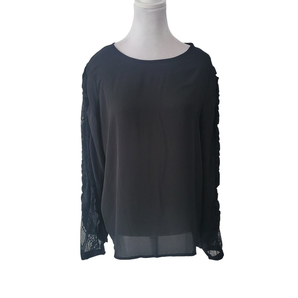 Who What Wear Size M Sheer Long Sleeve Lace Ruffle‎ Sleeve Blouse Black
